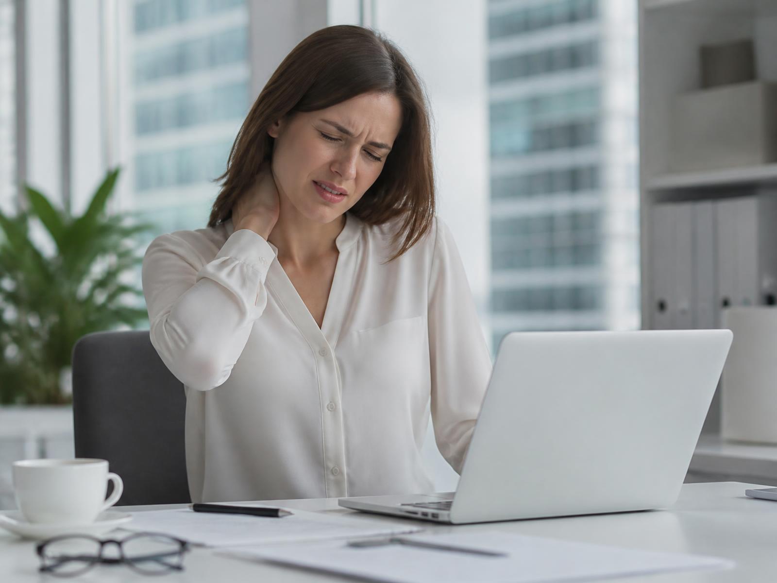 Female office worker holding her neck in pain at her desk